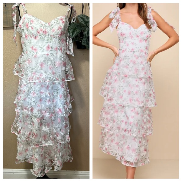 Lulus Dresses & Skirts - Lulus Endlessly Gorgeous White Floral Burnout Tie-Strap Midi Dress Size XL NWT